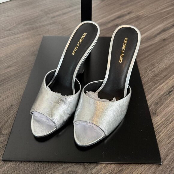 Veronica Beard Mila Silver Metallic Sculpted Wedge Heel Sandals